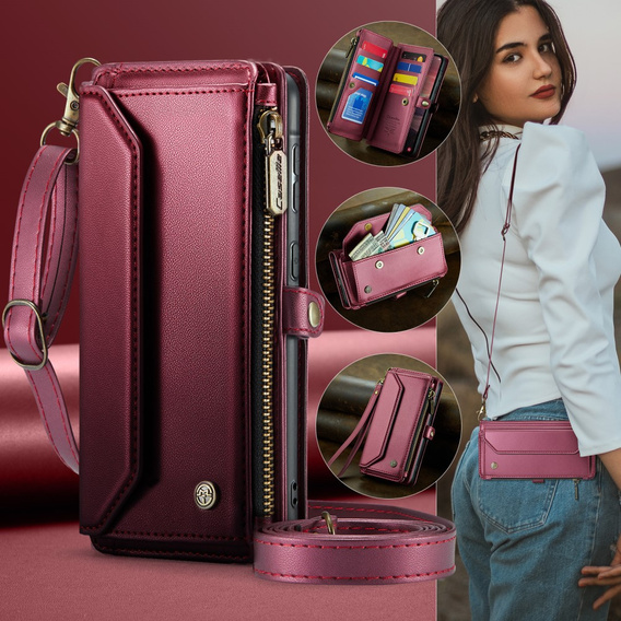 Pouzdro CASEME pro Samsung Galaxy A56 5G, RFID Leather Wallet, s popruhem přes rameno, červené