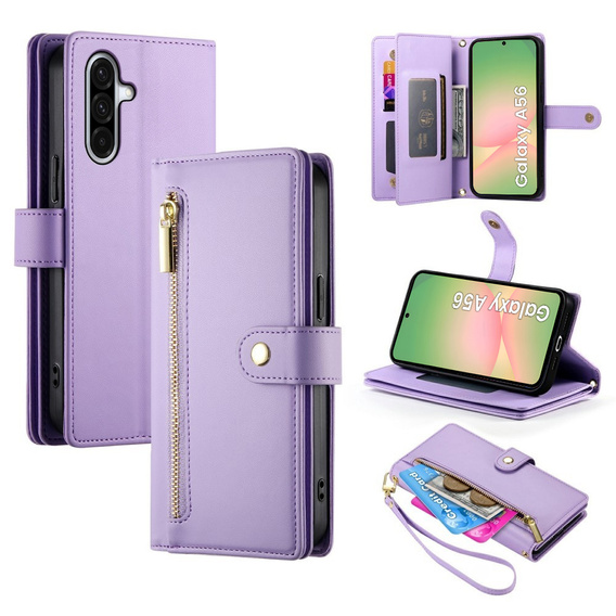 Klopové pouzdro pro Samsung Galaxy A56 5G, Wallet Zipper Pocket, fialové