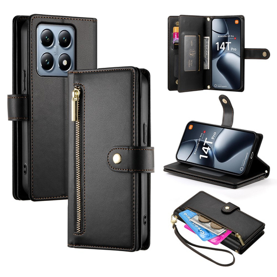 Klopové pouzdro pro Xiaomi 14T Pro, Wallet Zipper Pocket, černé