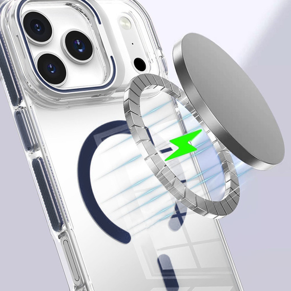 Pouzdro pro iPhone 17 Pro Max, pro MagSafe, se stojánkem, průhledné s tmavě modrými vložkami
