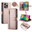 Klopové pouzdro pro iPhone 16 Pro Max, Wallet Zipper Pocket, růžové
