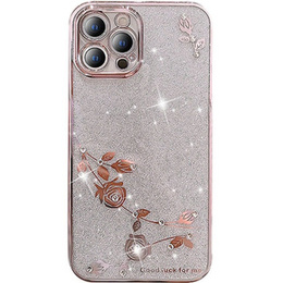 Pouzdro pro iPhone 12 Pro, Glitter Flower, růžové rose gold