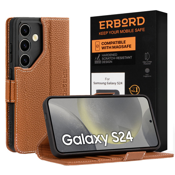 Kožené pouzdro pro Samsung Galaxy S24, ERBORD LeatherWallet, hnědé