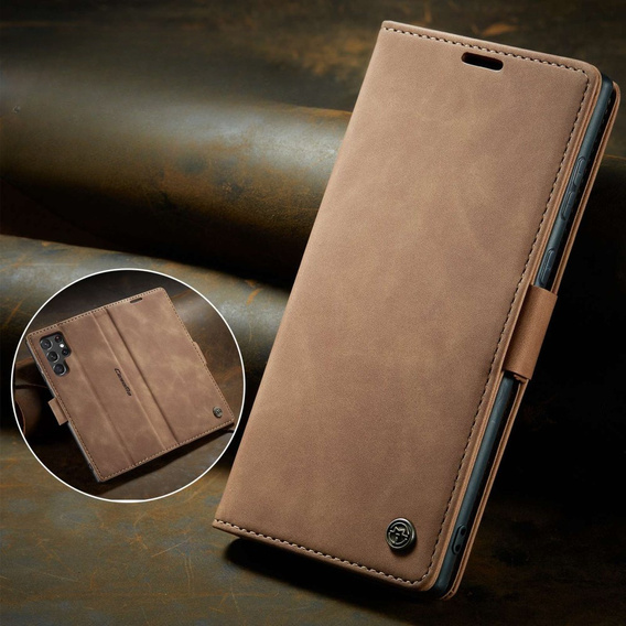 Pouzdro CASEME pro Samsung Galaxy S22 Ultra, Leather Wallet Case, hnědé