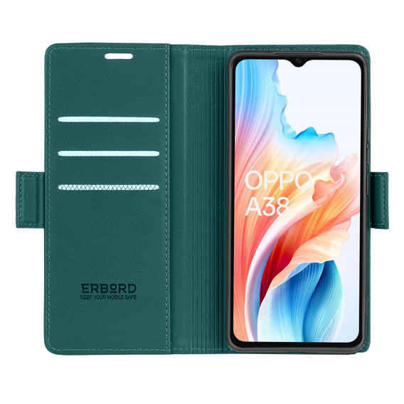 Pouzdro pro Oppo A18 4G / A38 4G, ERBORD Glossy Litchi, flipová peněženka, zelené