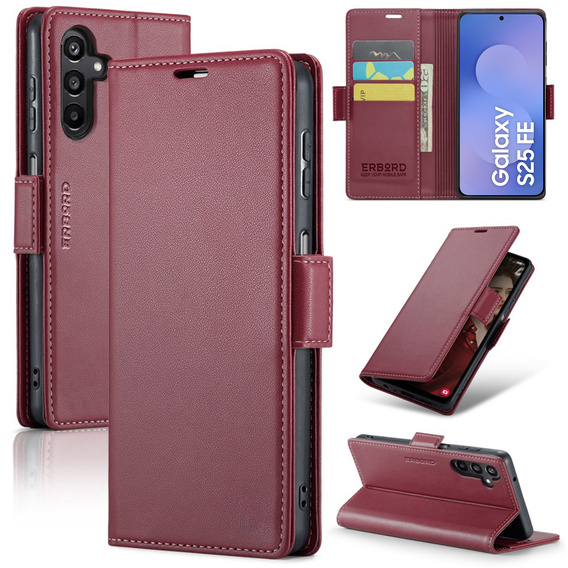 Pouzdro pro Samsung Galaxy S25 FE, ERBORD Glossy Litchi, flipová peněženka, červené
