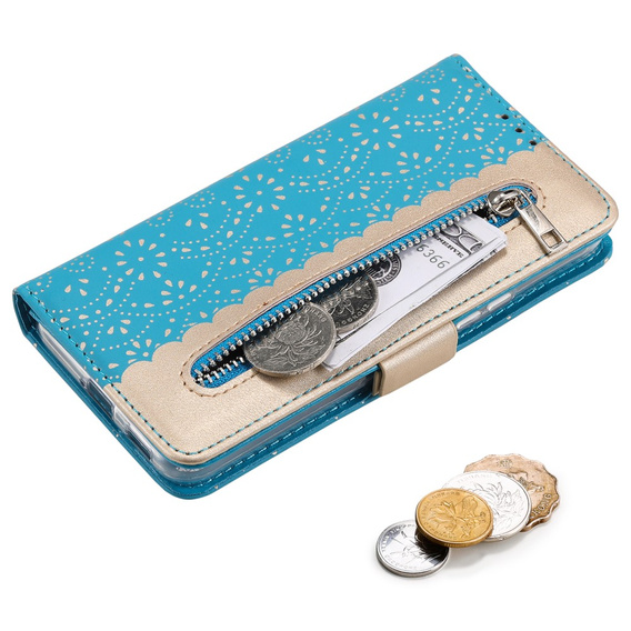 Flipové pouzdro pro Samsung Galaxy S22+ Plus 5G, Wallet Pocket Zipper Lace, modré