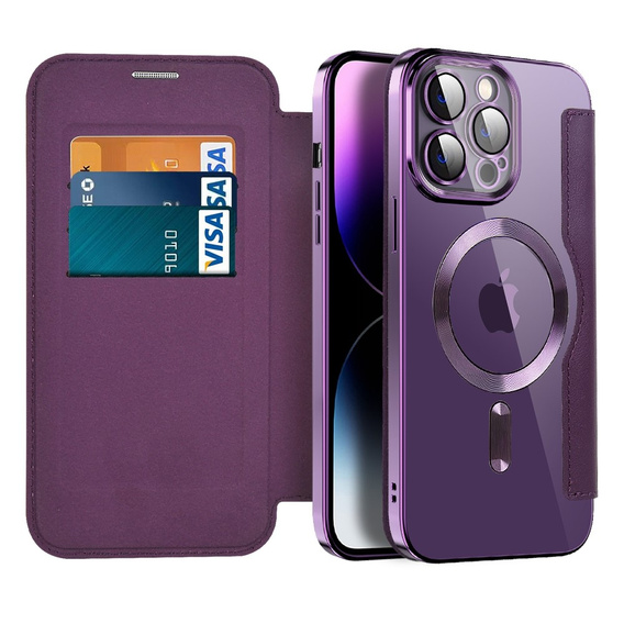 Klopové pouzdro pro iPhone 14 Pro Max, RFID Wallet MagSafe CamShield, fialové