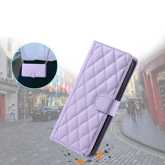 Pouzdro s klopou pro iPhone 16 Pro, Rhombus Crossbody Leather, fialové