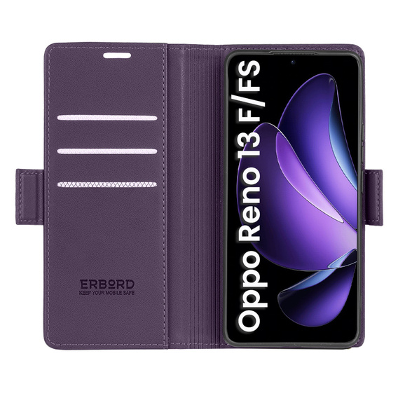 Pouzdro pro Oppo Reno 13F / Oppo Reno 13FS, ERBORD Glossy Litchi, flipová peněženka, fialové