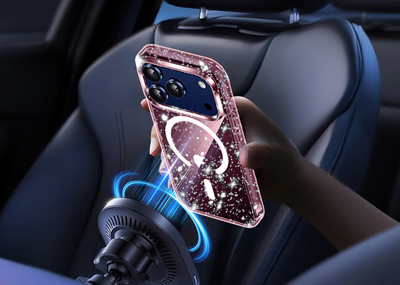 Pouzdro pro iPhone 17 Pro, pro MagSafe, třpytivé, transparentní růžové