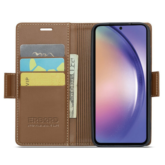 Pouzdro pro Samsung Galaxy A55, ERBORD Glossy Litchi, flipová peněženka, hnědé