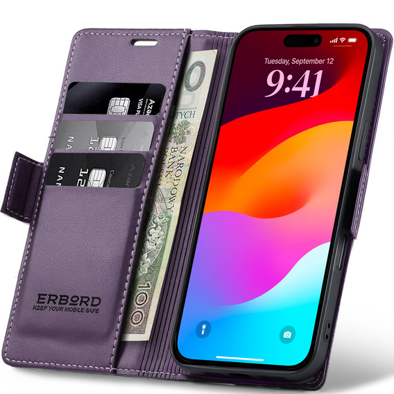 ERBORD Lesklé peněženkové pouzdro Litchi s klopou pro iPhone 17 Pro Max