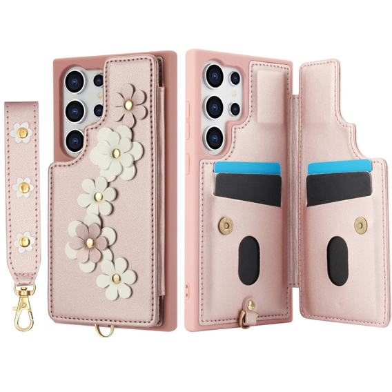 Pouzdro pro Samsung Galaxy S25 Ultra, Leather Flower Card Slot, růžové