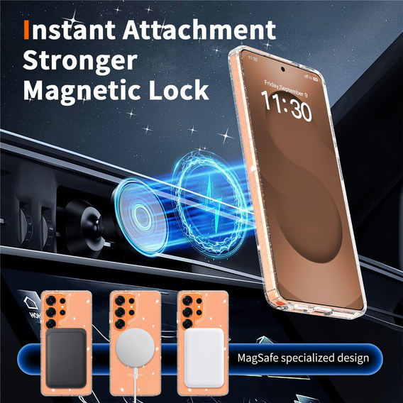 Brokatové pouzdro, pro MagSafe pro Samsung Galaxy S26 Ultra, průhledné