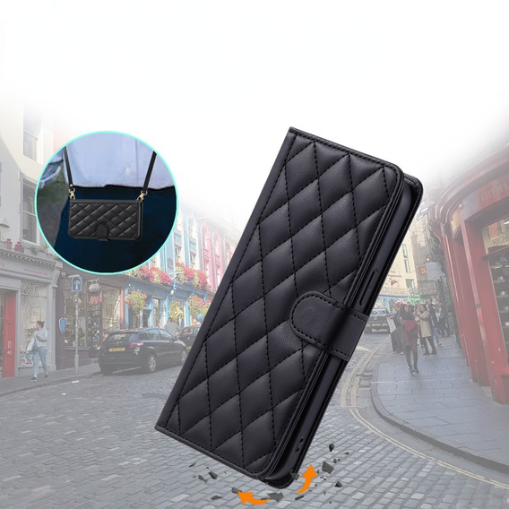 Pouzdro s klopou pro iPhone 16 Plus, Rhombus Crossbody Leather, černé