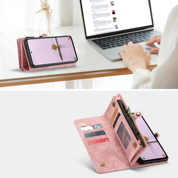 CASEME pouzdro pro Samsung Galaxy A56 5G, Retro Leather Wallet, s páskem, růžové