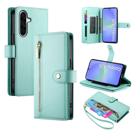 Klopové pouzdro pro Samsung Galaxy A36 5G, Wallet Zipper Pocket, zelené