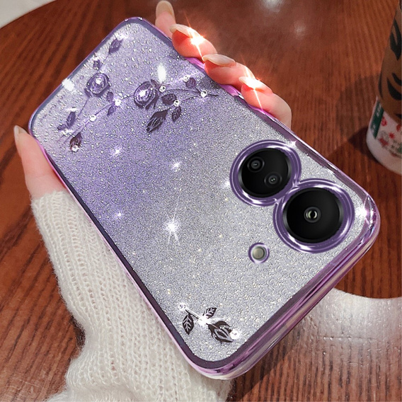 Pouzdro pro Xiaomi Redmi 13C / Poco C65, Glitter Flower, fialové