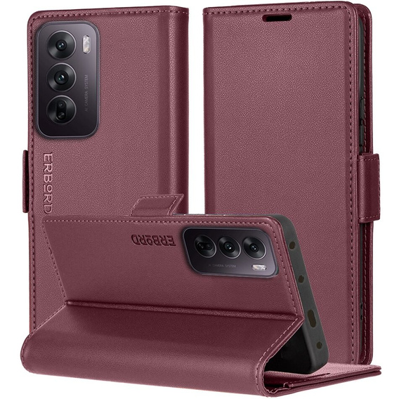 Pouzdro pro Oppo Reno 12 Pro, ERBORD Glossy Litchi, flipová peněženka, červené