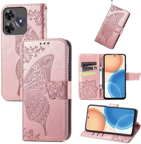 Klopové pouzdro pro Realme C61, Butterfly, růžové rose gold