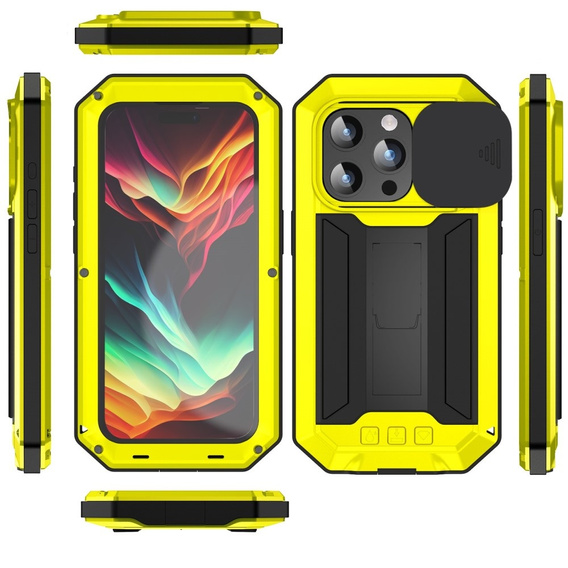 Pouzdro pro iPhone 15 Pro, R-JUST CamShield Slide, pancéřované, žluté / černé