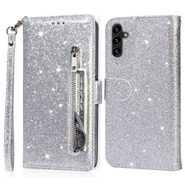 Klopové pouzdro pro Samsung Galaxy A56 5G, Wallet Zipper Pocket Glittery, stříbrné