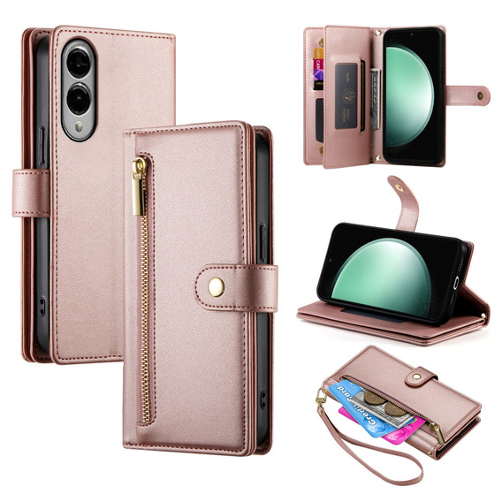 Klopové pouzdro pro Samsung Galaxy S25 Edge, Wallet Zipper Pocket, růžové