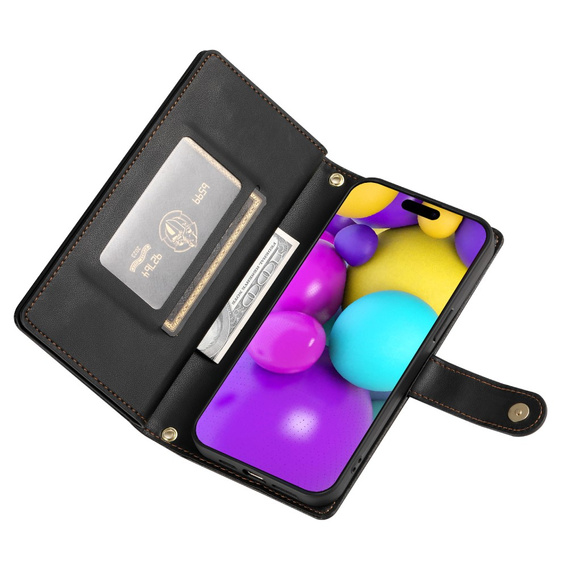 Klopové pouzdro pro iPhone 16 Plus, Wallet Zipper Pocket, černé