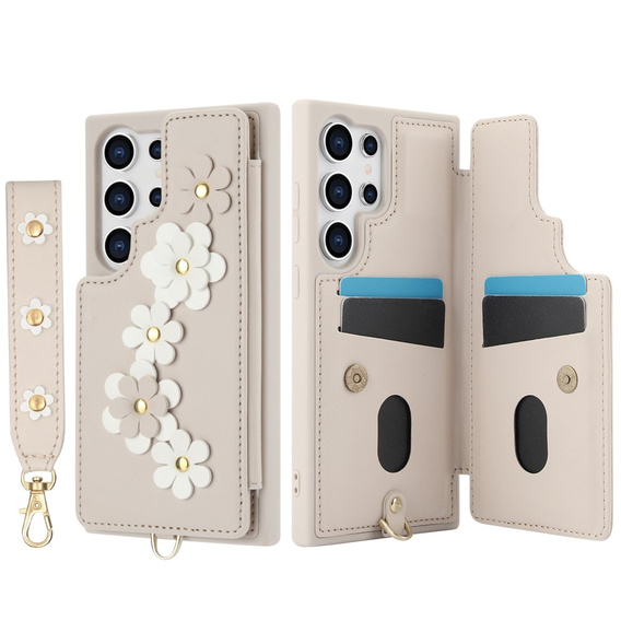 Pouzdro pro Samsung Galaxy S24 Ultra, Leather Flower Card Slot, béžové