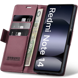 Pouzdro pro Xiaomi Redmi Note 14 5G, ERBORD Glossy Litchi, flipová peněženka, červené