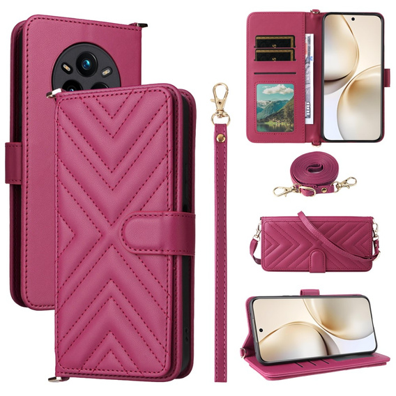Flipové pouzdro pro Realme 14 Pro+ 5G, Crossbody Leather Wallet, tmavě růžová