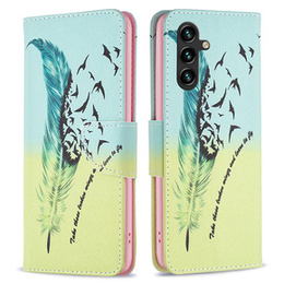 Klopové pouzdro pro Samsung Galaxy A35 5G, Wallet, Feather modré / žluté