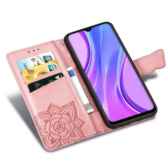 Klopové pouzdro pro Xiaomi Redmi 9, Butterfly, růžové rose gold