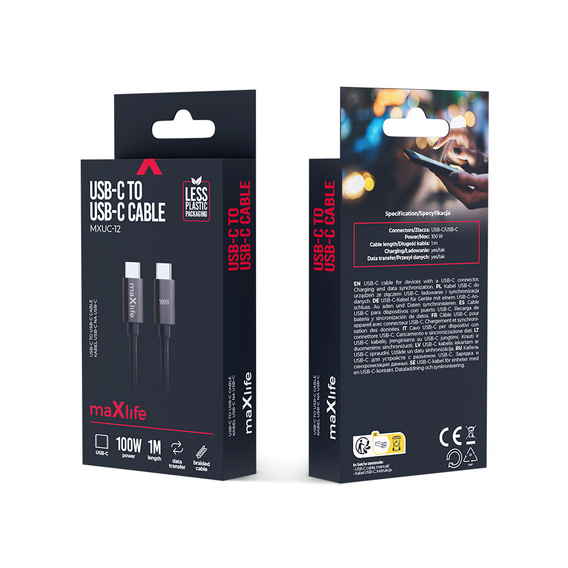 Kabel Maxlife MXUC-12 USB-C - USB-C 1,0 m 100W, černý