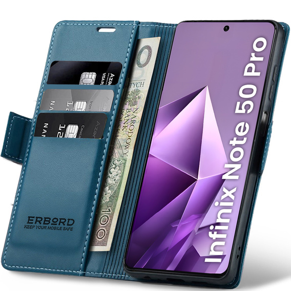 Pouzdro pro Infinix Note 50 Pro, ERBORD Glossy Litchi, flipová peněženka, modré
