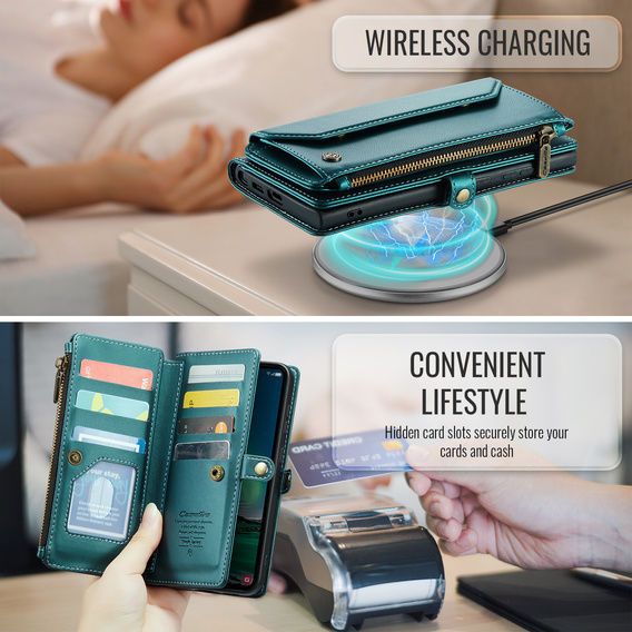 Pouzdro CASEME pro Samsung Galaxy S25 FE, RFID Leather Wallet, s popruhem přes rameno, zelené