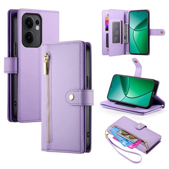Klopové pouzdro pro Oppo Reno 13F 5G, Wallet Zipper Pocket, fialové