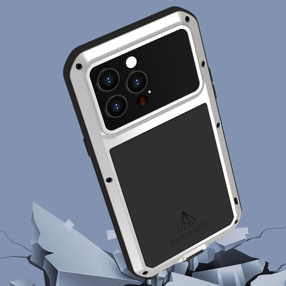 Pouzdro Love Mei pro iPhone 14 Pro Max, armored with glass, stříbrné
