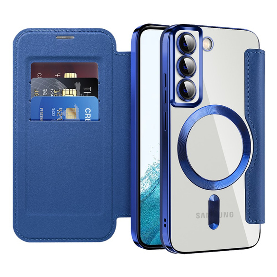 Klopové pouzdro pro Samsung Galaxy S22 5G, RFID Wallet MagSafe CamShield, námořnicky modré