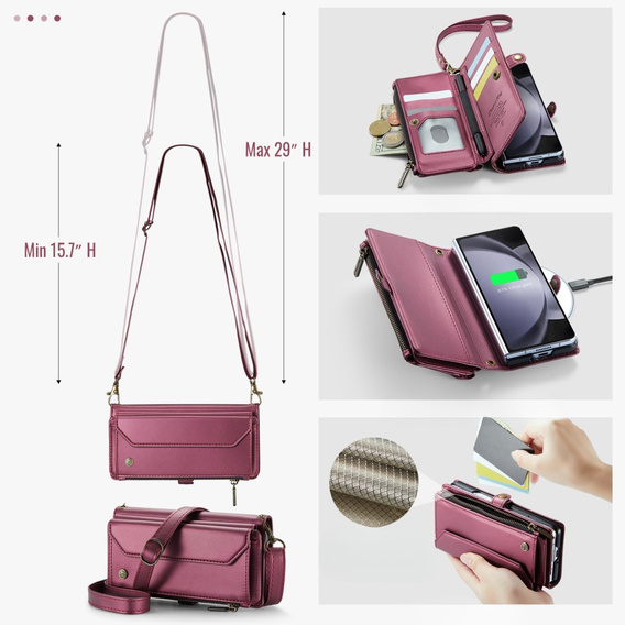 Pouzdro CASEME pro Samsung Galaxy Z Fold6 5G, RFID Leather Wallet, s popruhem přes rameno, červené