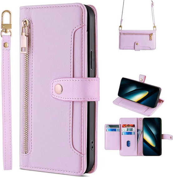 Klopové pouzdro pro Xiaomi Poco F6 Pro, Wallet Zipper Pocket, fialové
