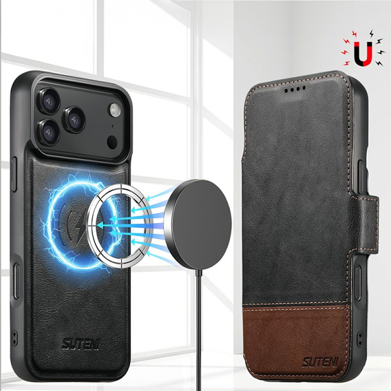 Flipové pouzdro 2 v 1 pro iPhone 17 Pro Max, SUTENI, pro MagSafe, černé