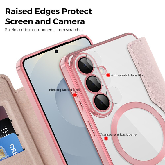 RFID Wallet MagSafe pouzdro s klopou a ochranou fotoaparátu pro Samsung Galaxy S26, růžové