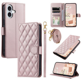 Pouzdro s klopou pro iPhone 16, Rhombus Crossbody Leather, růžové rose gold