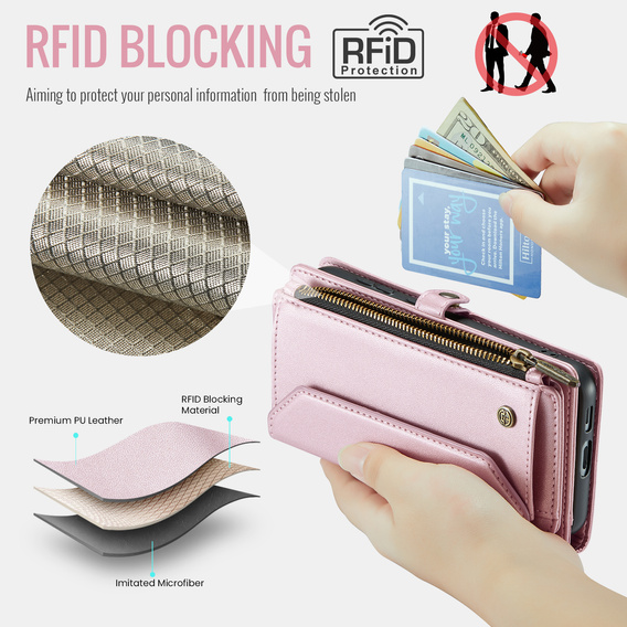 Pouzdro CASEME pro Samsung Galaxy S25 FE, RFID Leather Wallet, s popruhem přes rameno, růžové