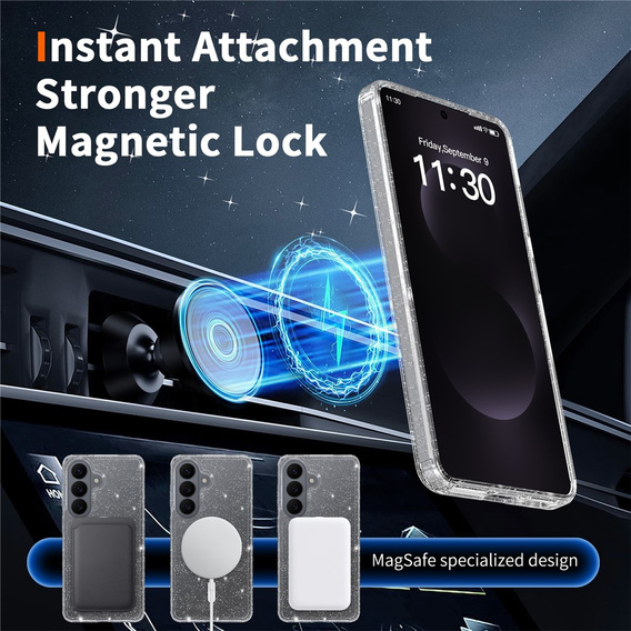 Brokatové pouzdro, pro MagSafe pro Samsung Galaxy S26, průhledné