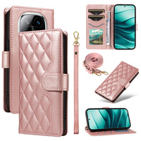 Pouzdro s klopou pro Xiaomi Redmi Note 14 Pro 5G / Xiaomi Redmi Note 14 Pro+ 5G / Xiaomi Poco X7 5G, Rhombus Crossbody Leather, růžové rose gold