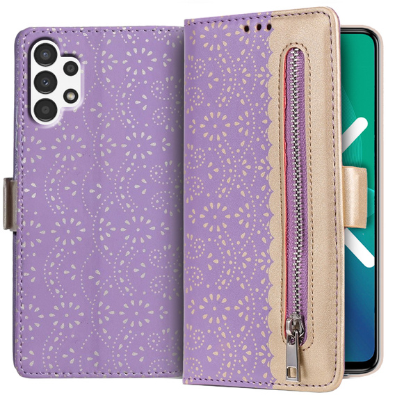 Flipové pouzdro pro Samsung Galaxy A13 4G, Wallet Pocket Zipper Lace, fialové