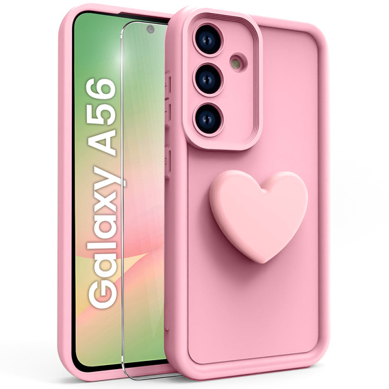 Pouzdro pro Samsung Galaxy A56 5G, Silicone Heart, růžové + 9H tvrzené sklo
